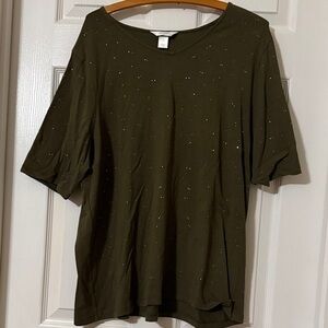 CJ Banks Olive Green Short Sleeve Top with Subtle sparkly Embellishments